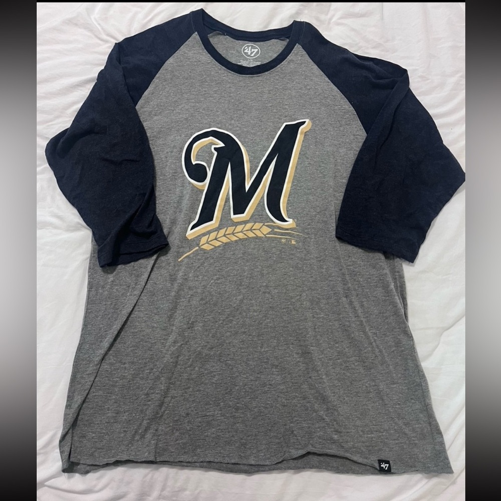 MLB Milwaukee Brewers Gray and Navy Raglan Long Sleeve Tee